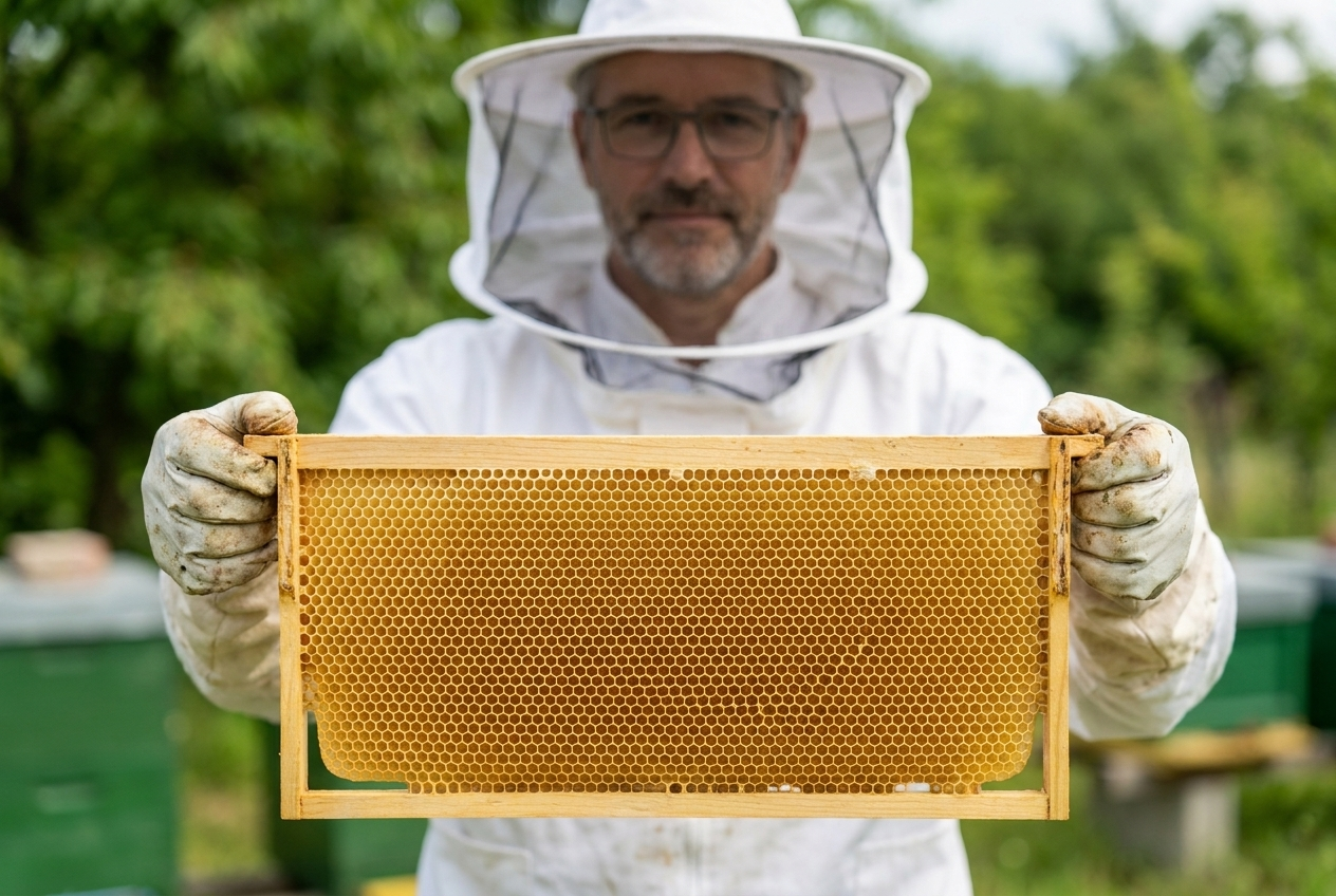 Imker hält eine Bienenwabe – das natürliche Vorbild für die Kühlstruktur des EpiCoolers Aurora Pathway